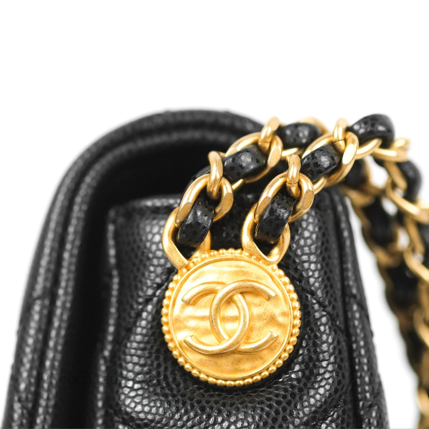 Chanel Small Flap with Coin Charm Black Caviar Aged Gold Hardware 22A