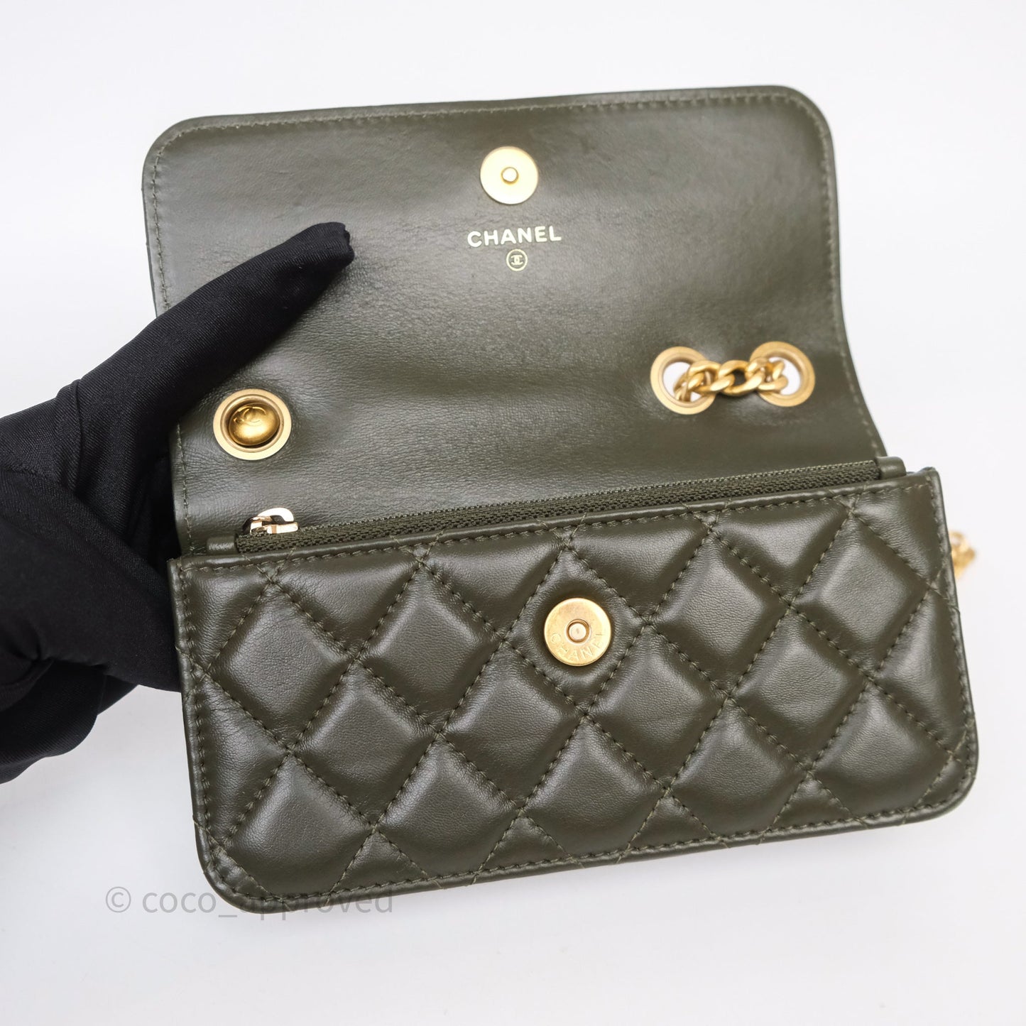 Chanel All Slide Adjustable Chain Phone Holder WOC Olive Green Lambskin