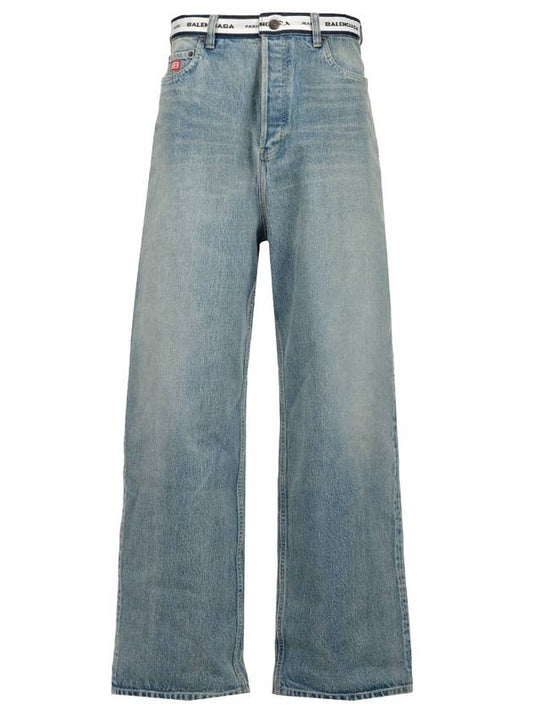 Luxury Balenciaga Logo Waistband Jeans Blue