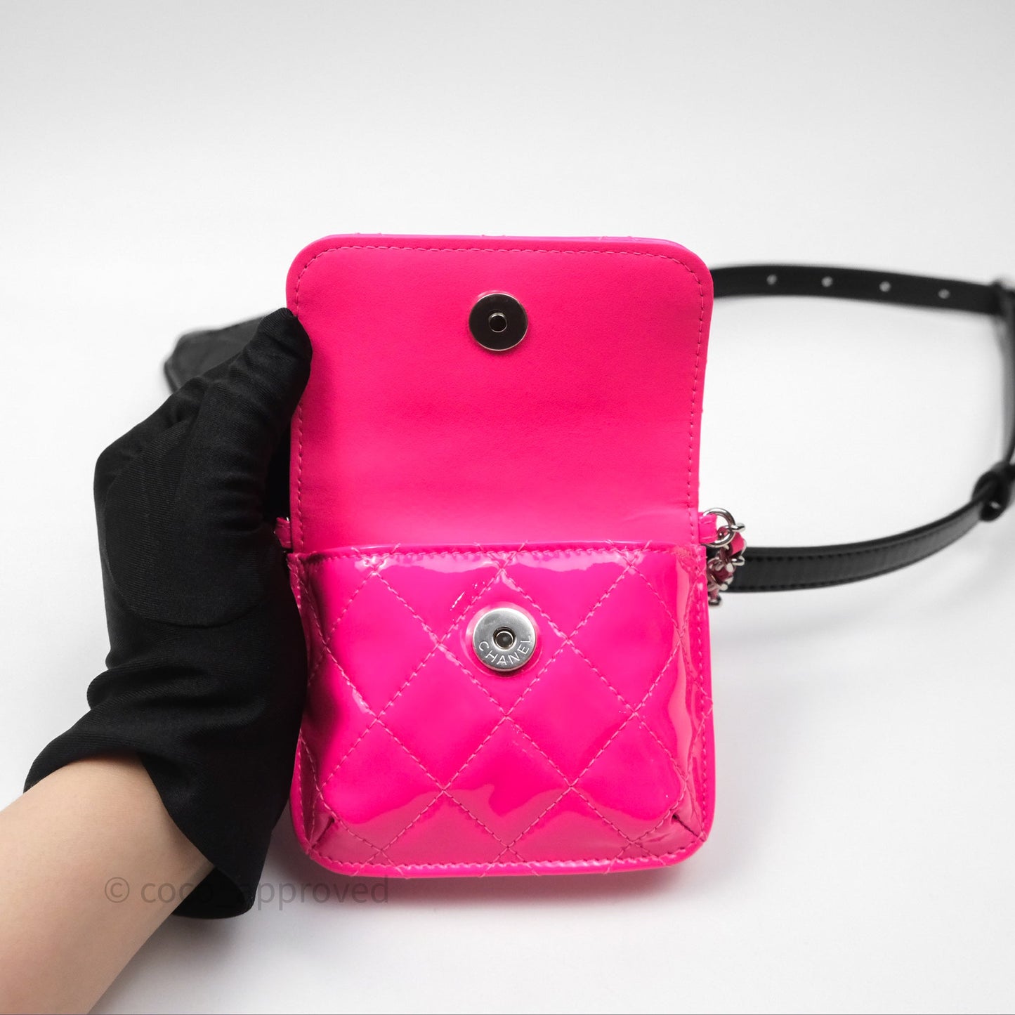 Chanel Double Waist Belt Bag Patent Pink / Black Silver Hardware