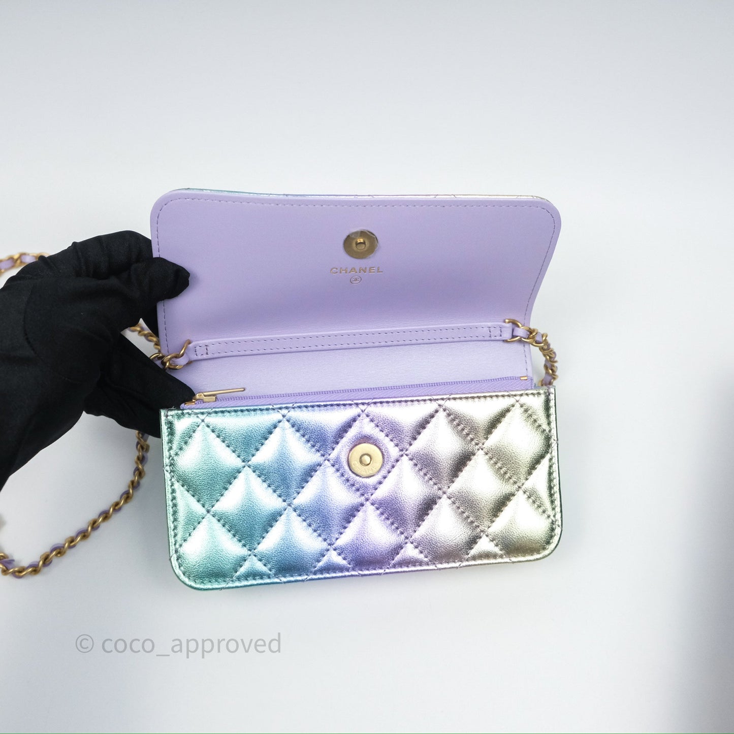 Chanel Quilted Phone Holder with Chain Metallic Rainbow Lambskin Aged Gold Hardware 24C