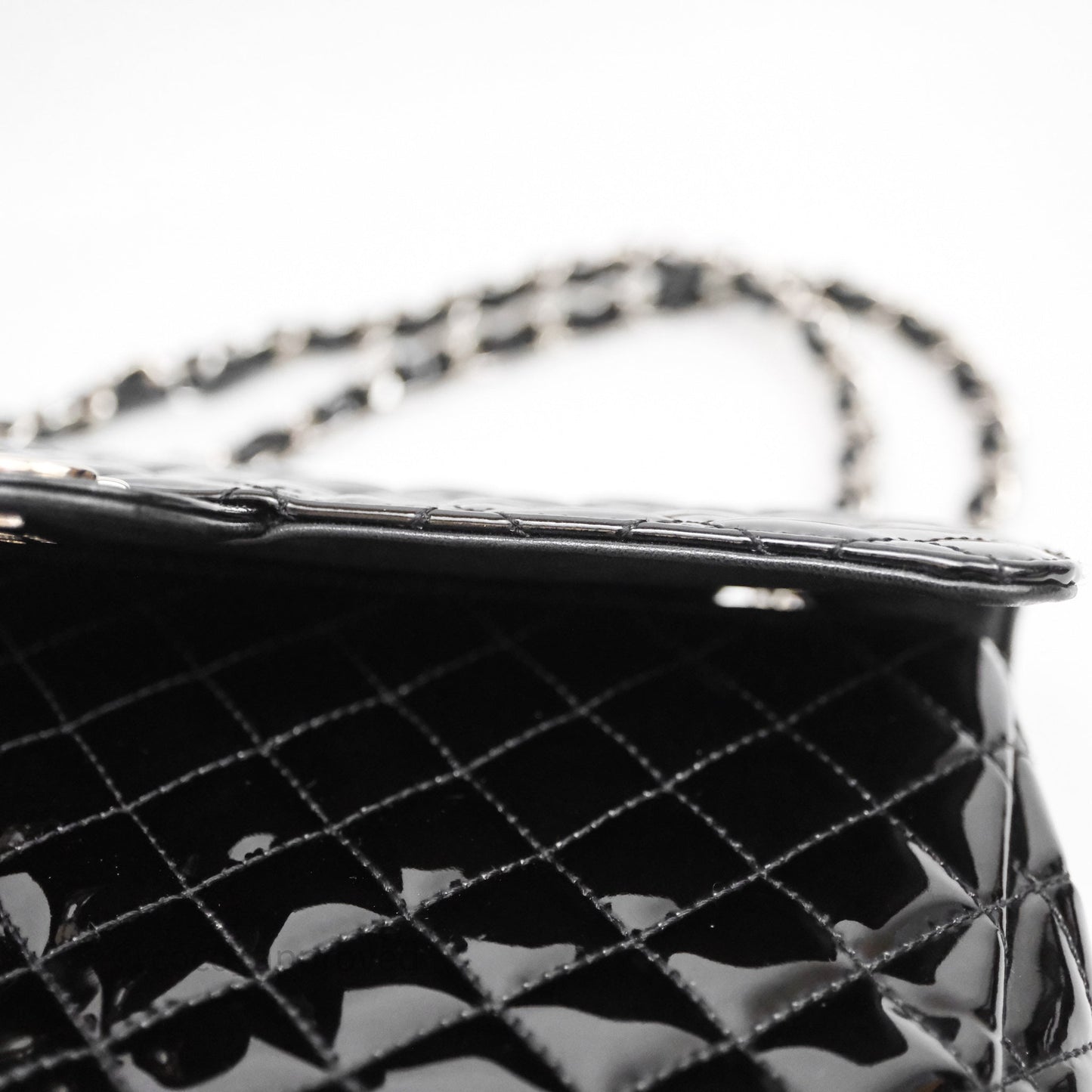 Chanel Quilted Medium Flap Black Patent Silver Hardware