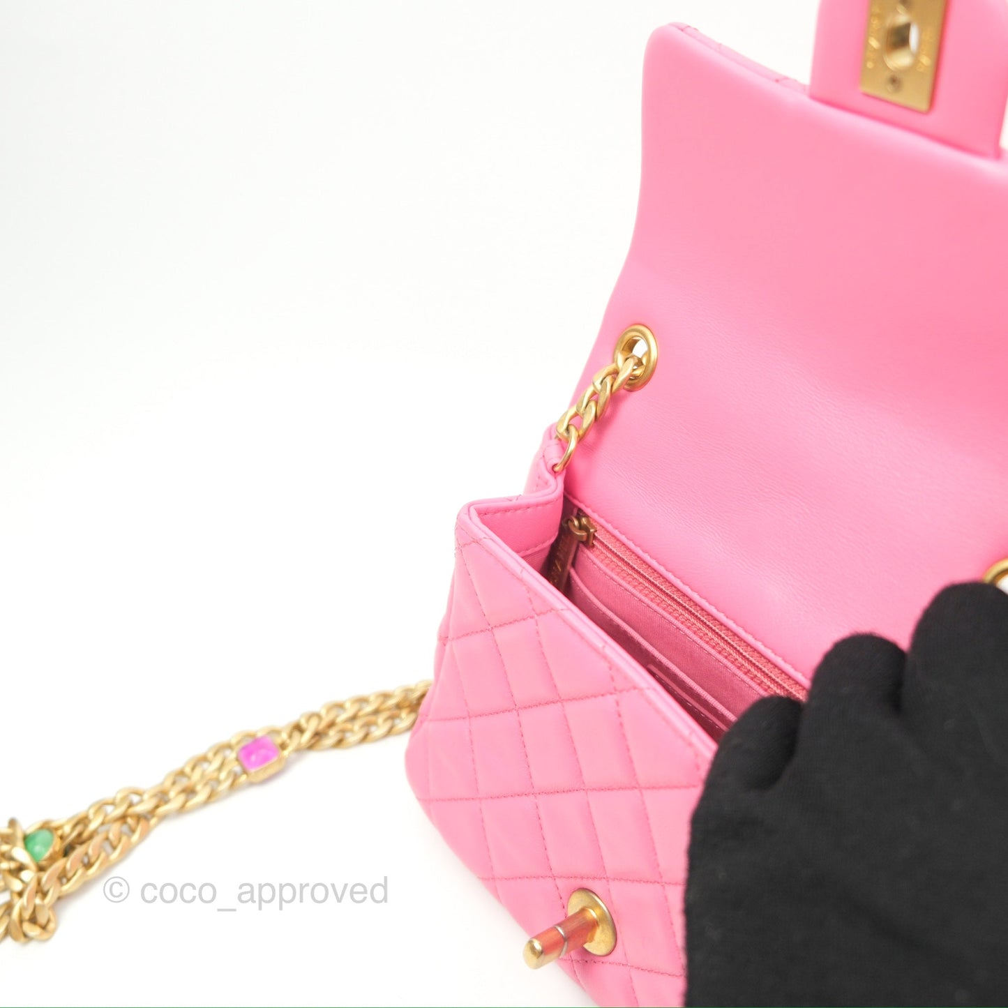 Chanel Mini Pearl Samba Square Flap Pink Lambskin Aged Gold Hardware 21P
