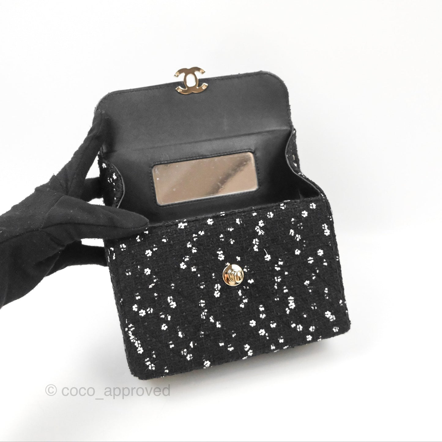 Chanel Small Top Handle Box Bag Black Tweed Sequins Gold Hardware 23K