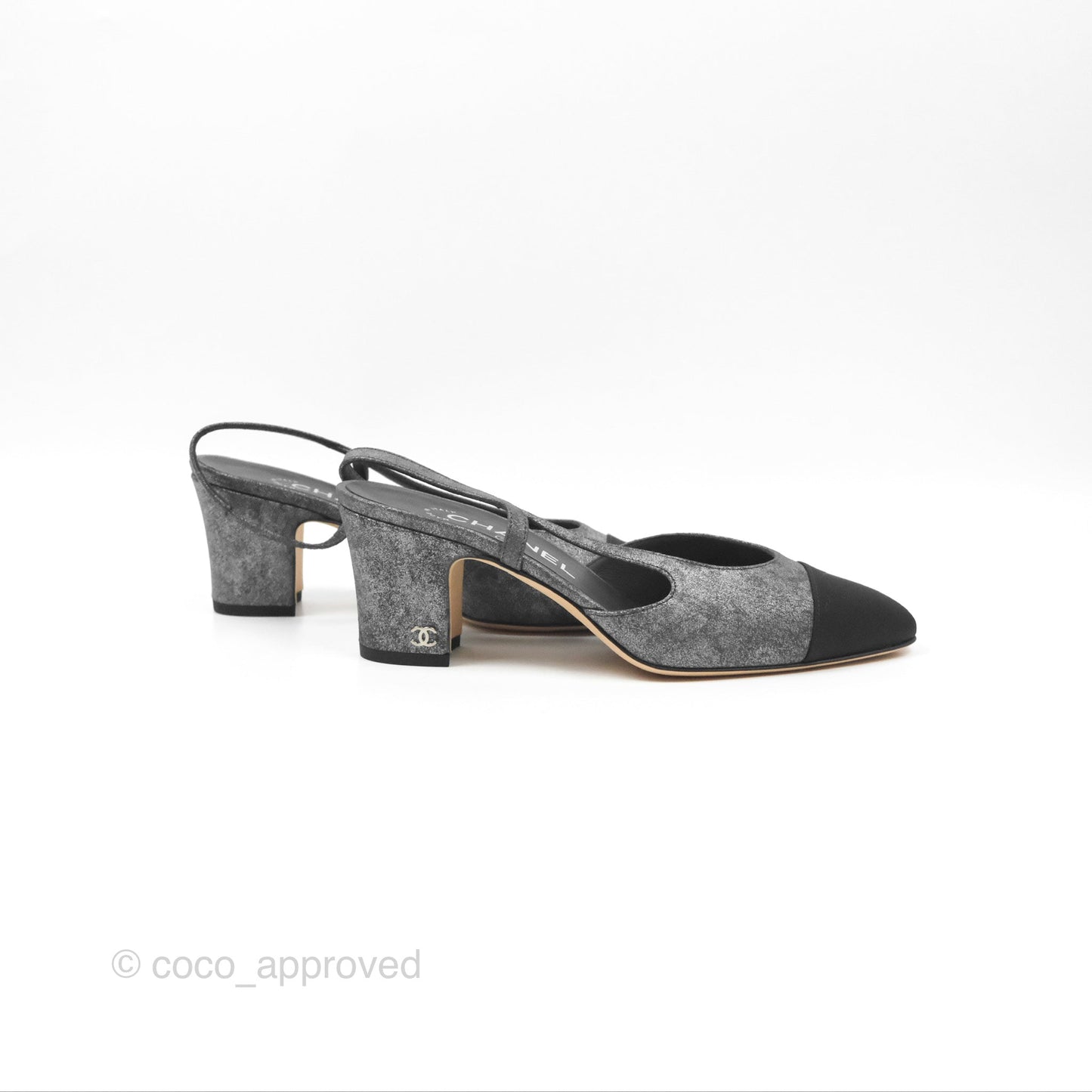Chanel Classic Slingback Pumps Metallic Lambskin Silver Black