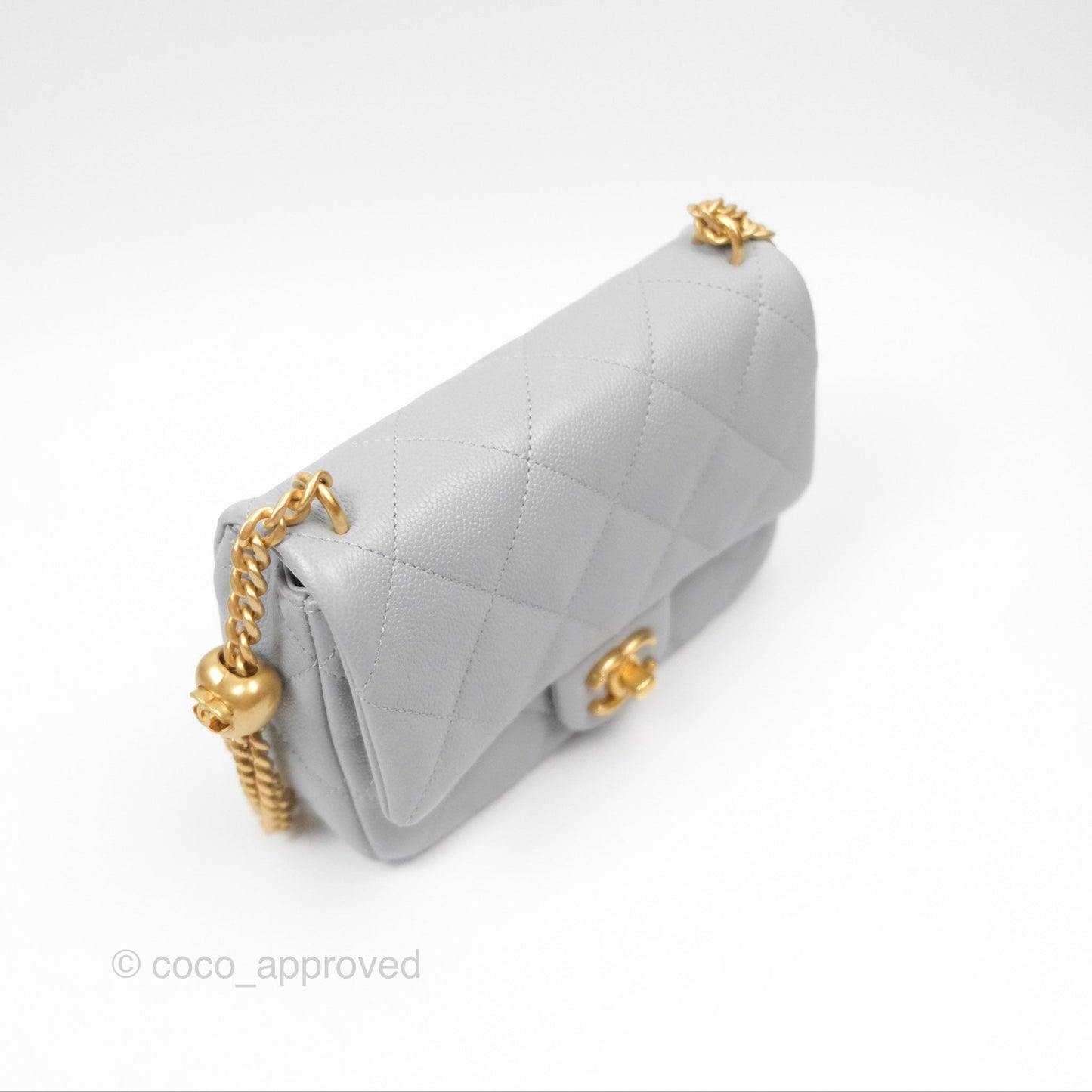 Chanel Mini Flap Bag Heart Adjustable Chain Grey Caviar Aged Gold Hardware