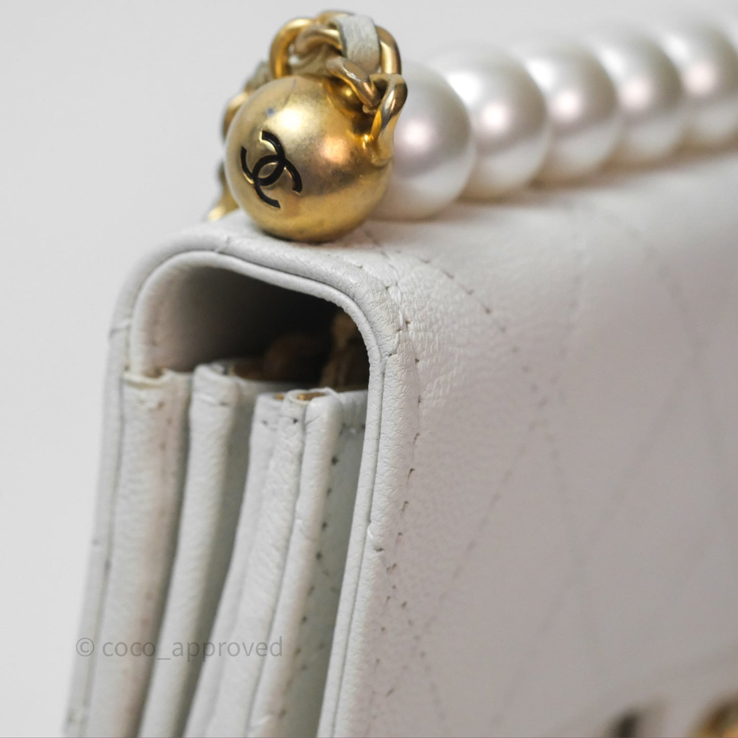 Chanel Quilted Mini Chic Pearls Flap Wallet On Chain WOC White Goatskin Aged Gold Hardware