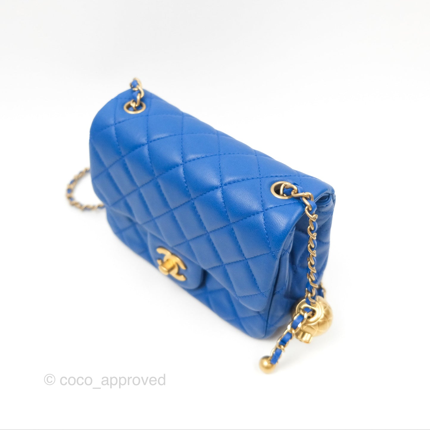 Chanel Pearl Crush Mini Square Quilted Blue Lambskin Aged Gold Hardware