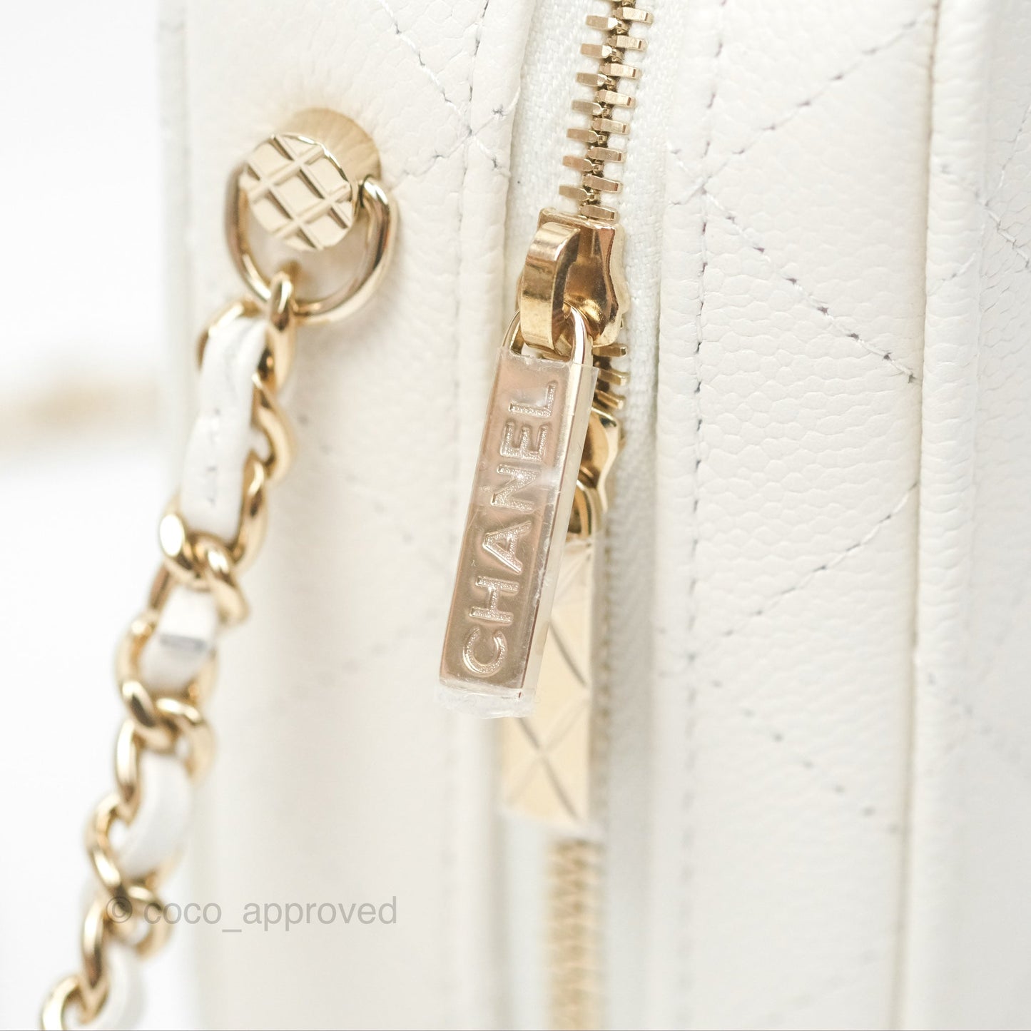 Chanel Quilted Top Handle Vanity White Caviar Gold Hardware
