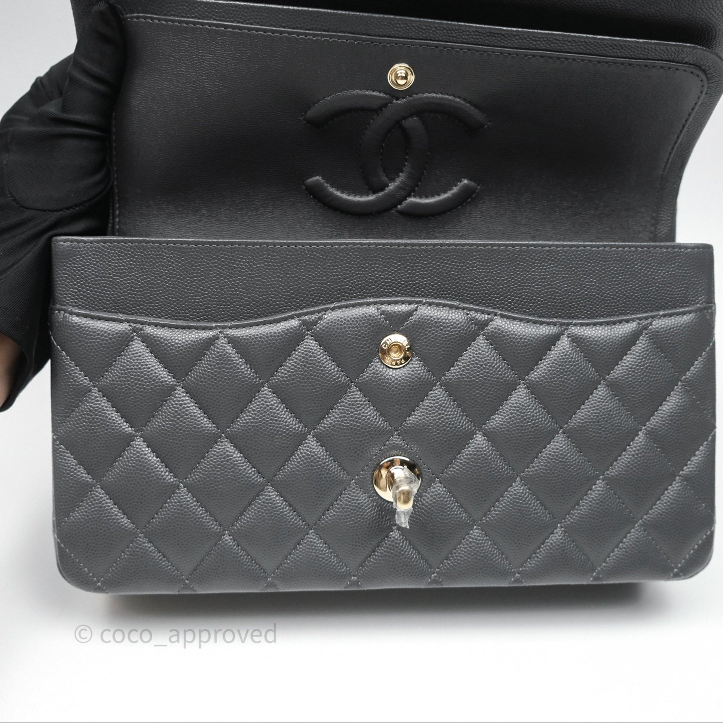 Chanel Classic M/L Medium Flap Quilted Dark Grey Caviar Gold Hardware