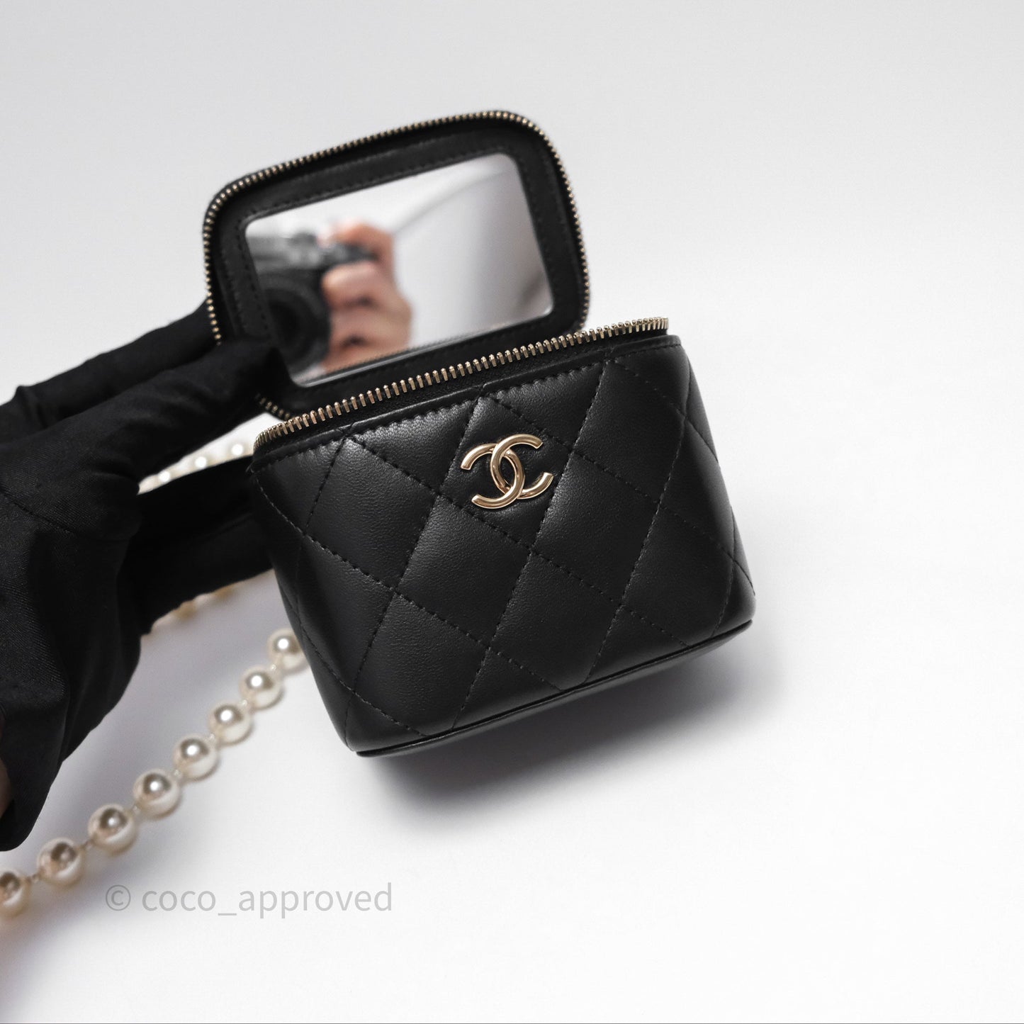Chanel Mini Vanity With Pearl Chain Black Lambskin Gold Hardware