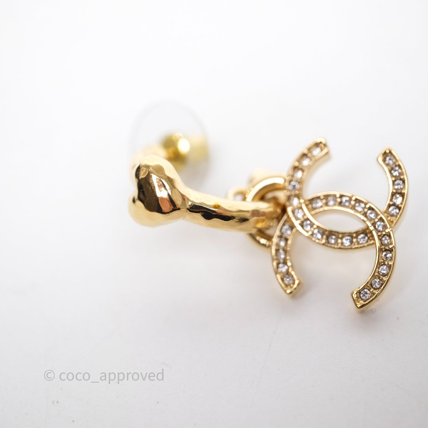 Chanel Heart Crystal CC Drop Hoop Earrings Gold Tone 23P