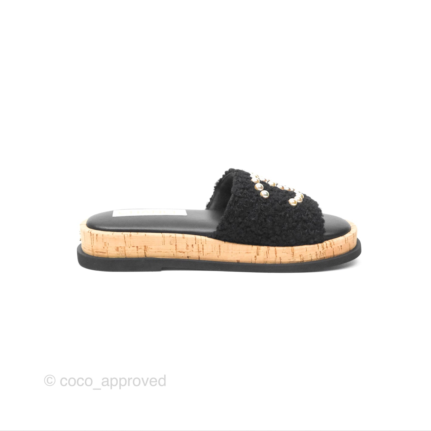 Chanel CC Mule Sandals Black Tweed Cork Size 36