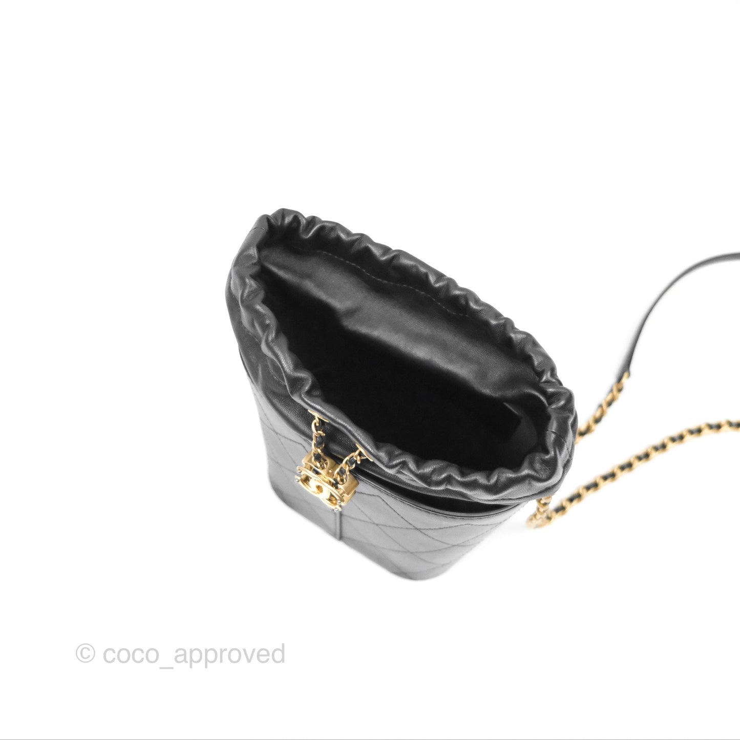 Chanel Drawstring Bucket Bag Quilted Black Caviar Aged Gold Hardware