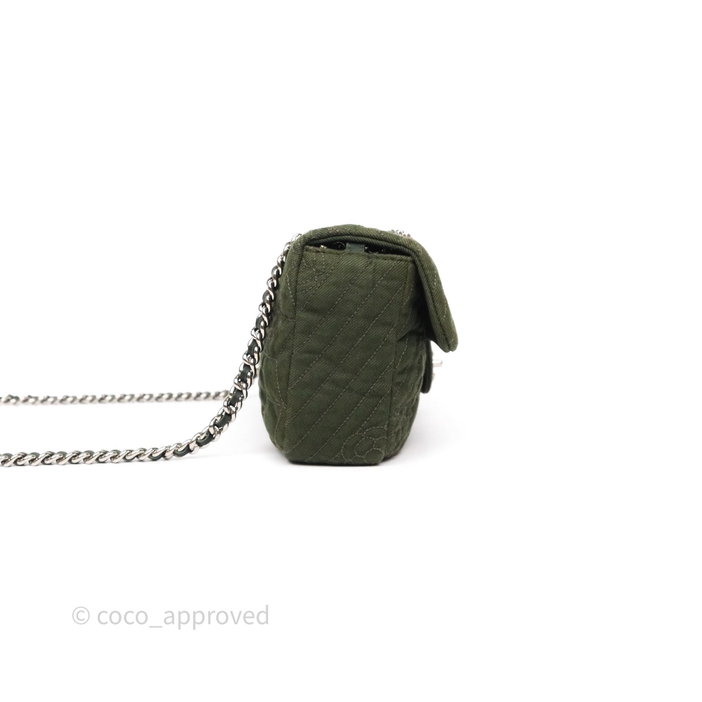 Chanel Camellia Flap Bag Army Green Denim Silver Hardware