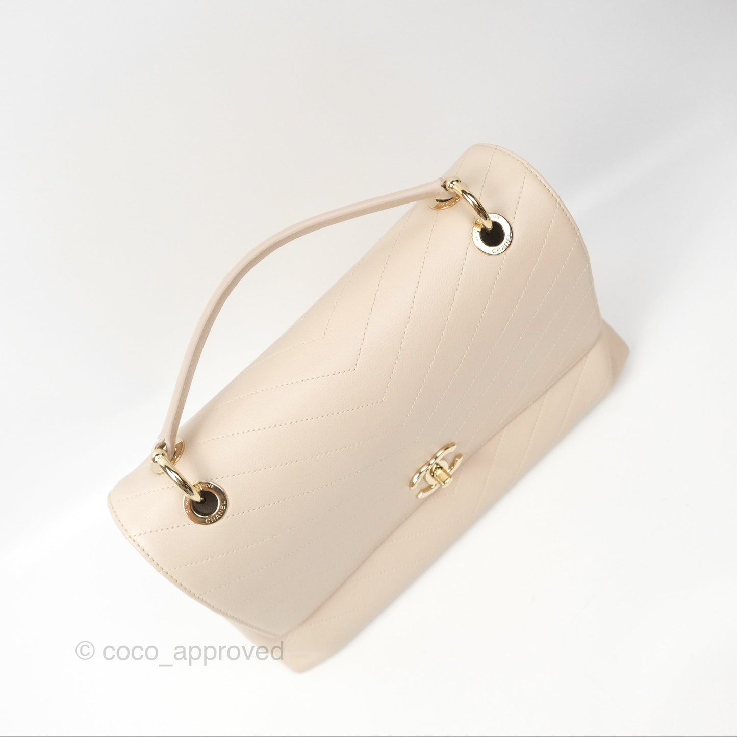 Chanel Large Chevron Chic Top Handle Bag Light Beige Grained Calfskin Gold Hardware