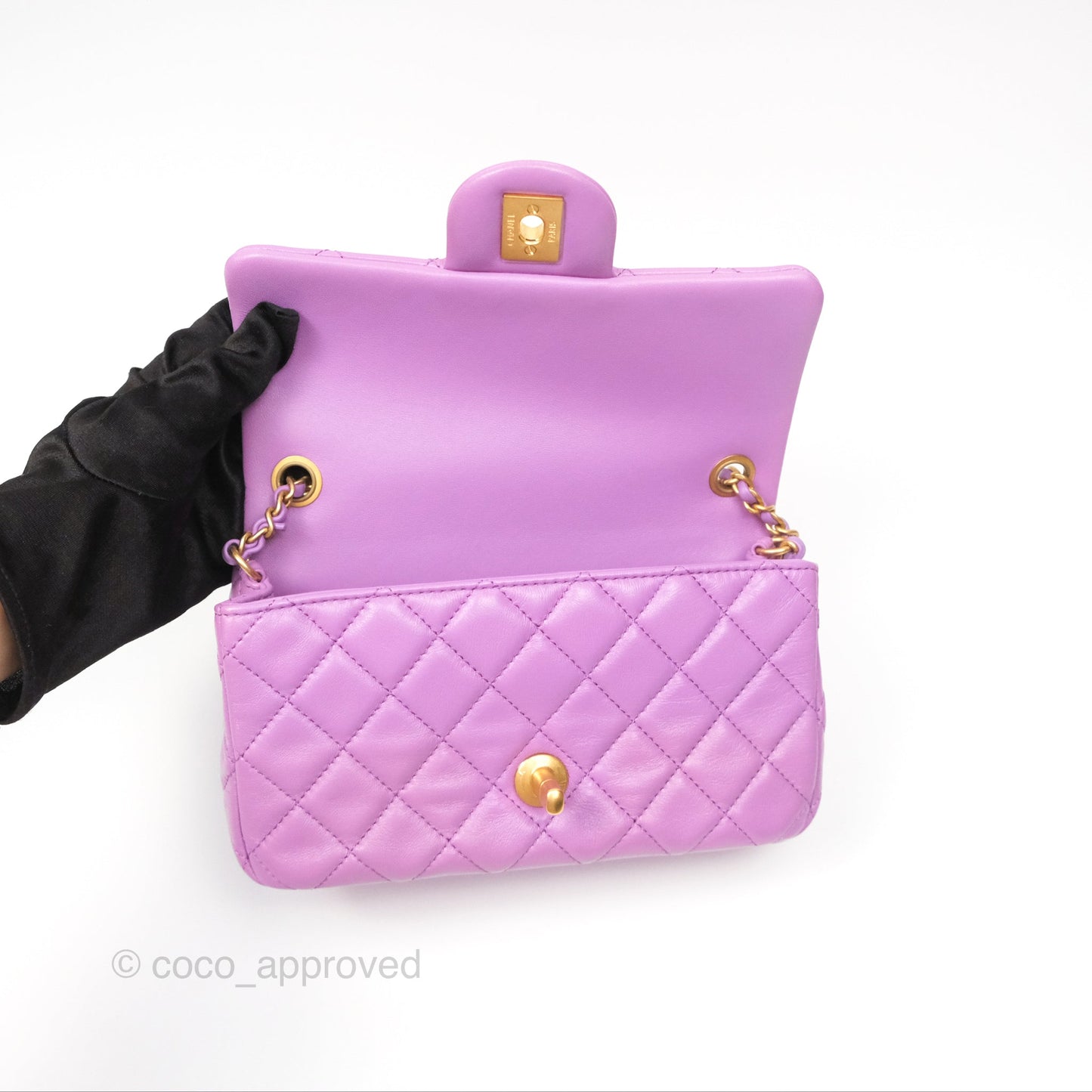 Chanel Mini Rectangular Pearl Crush Quilted Purple Lambskin Aged Gold Hardware