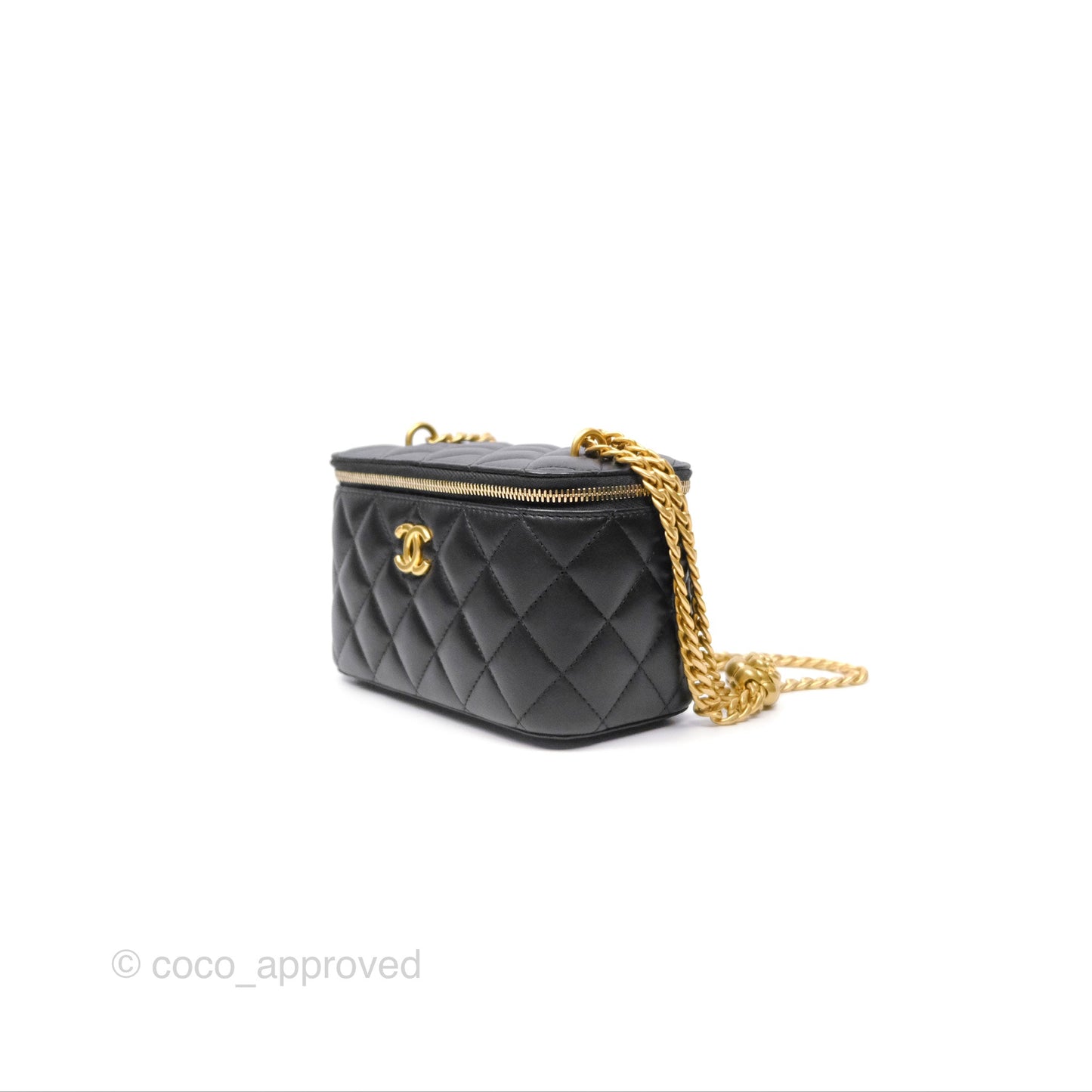Chanel Quilted Vanity Rectangular with Camellia Adjustable Chain Black Lambskin 23S
