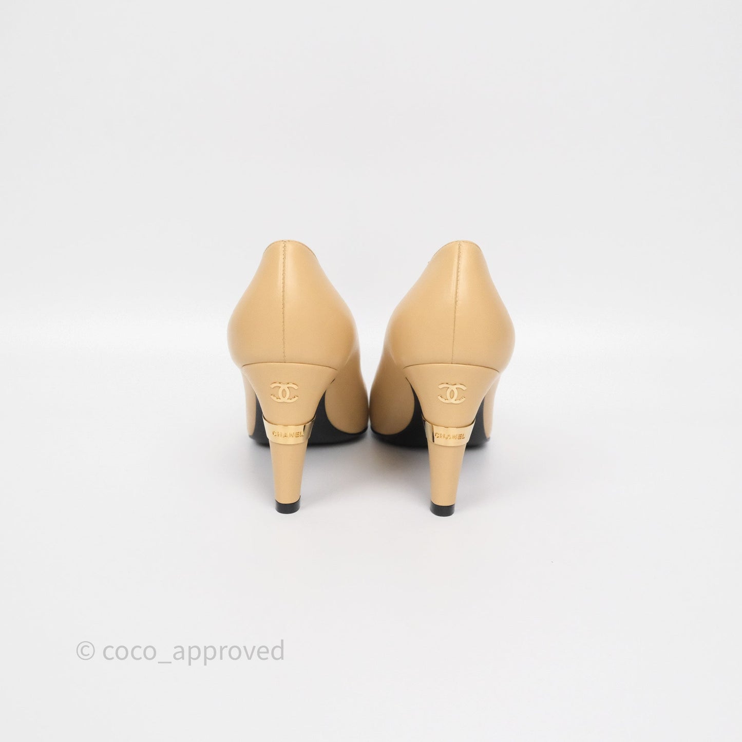 Chanel Beige Toe Pointed Black Pump Heels With Pearl Size 36.5C