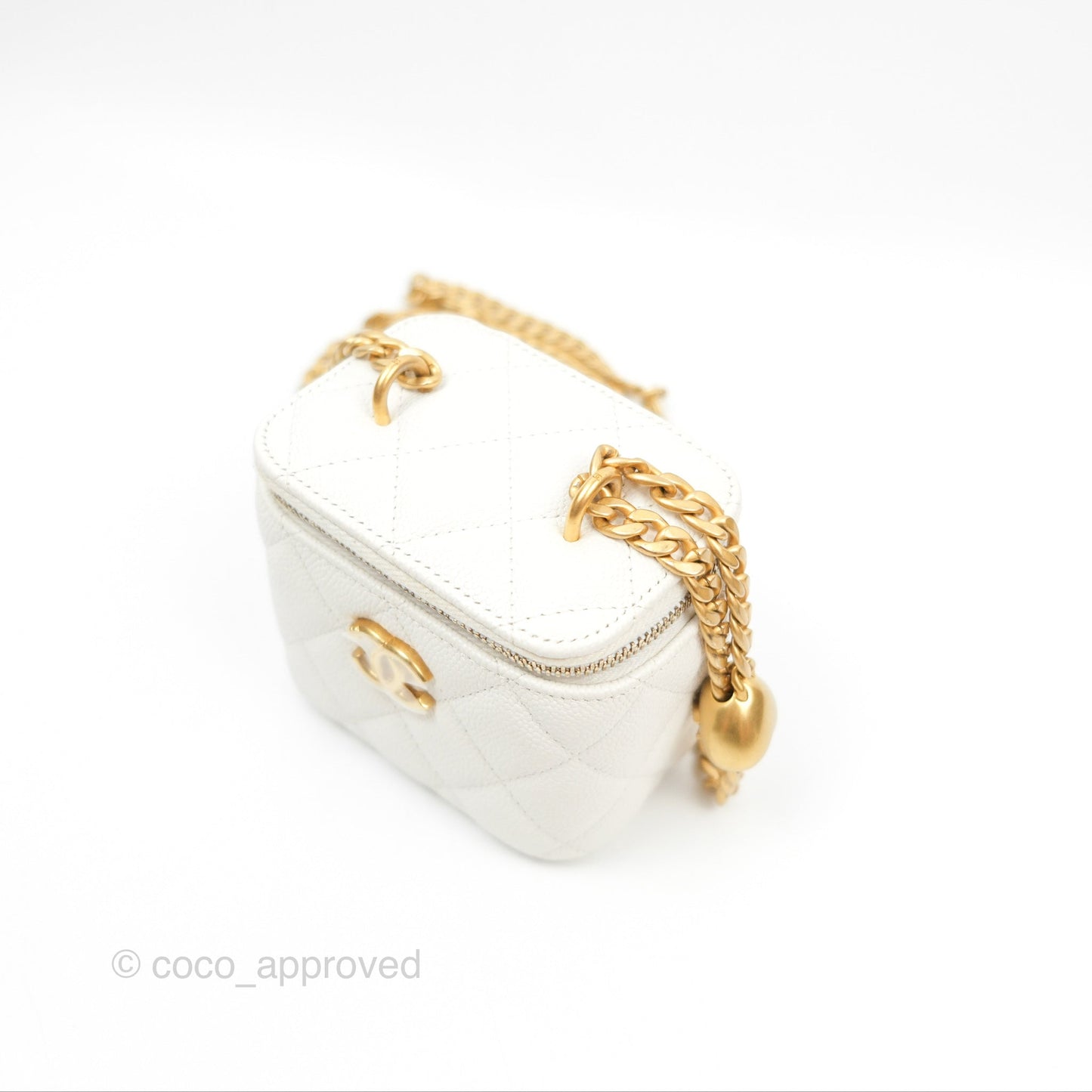 Chanel Quilted Heart Crush Mini Vanity With Chain White Caviar Aged Gold Hardware