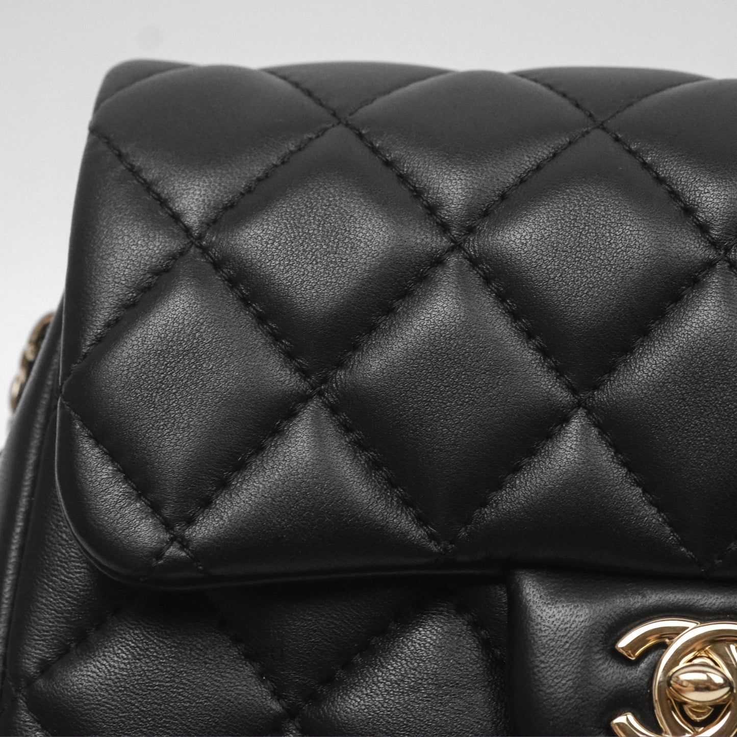 Chanel Logo Pearl Chain Flap Bag Black Lambskin Gold Hardware