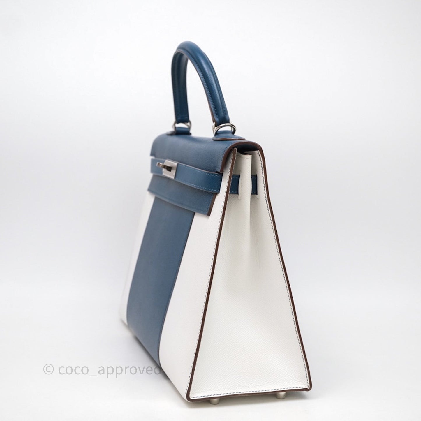 Hermès Kelly 32 Sellier Bleu Thalassa 7A/ White Epsom Palladium Hardware