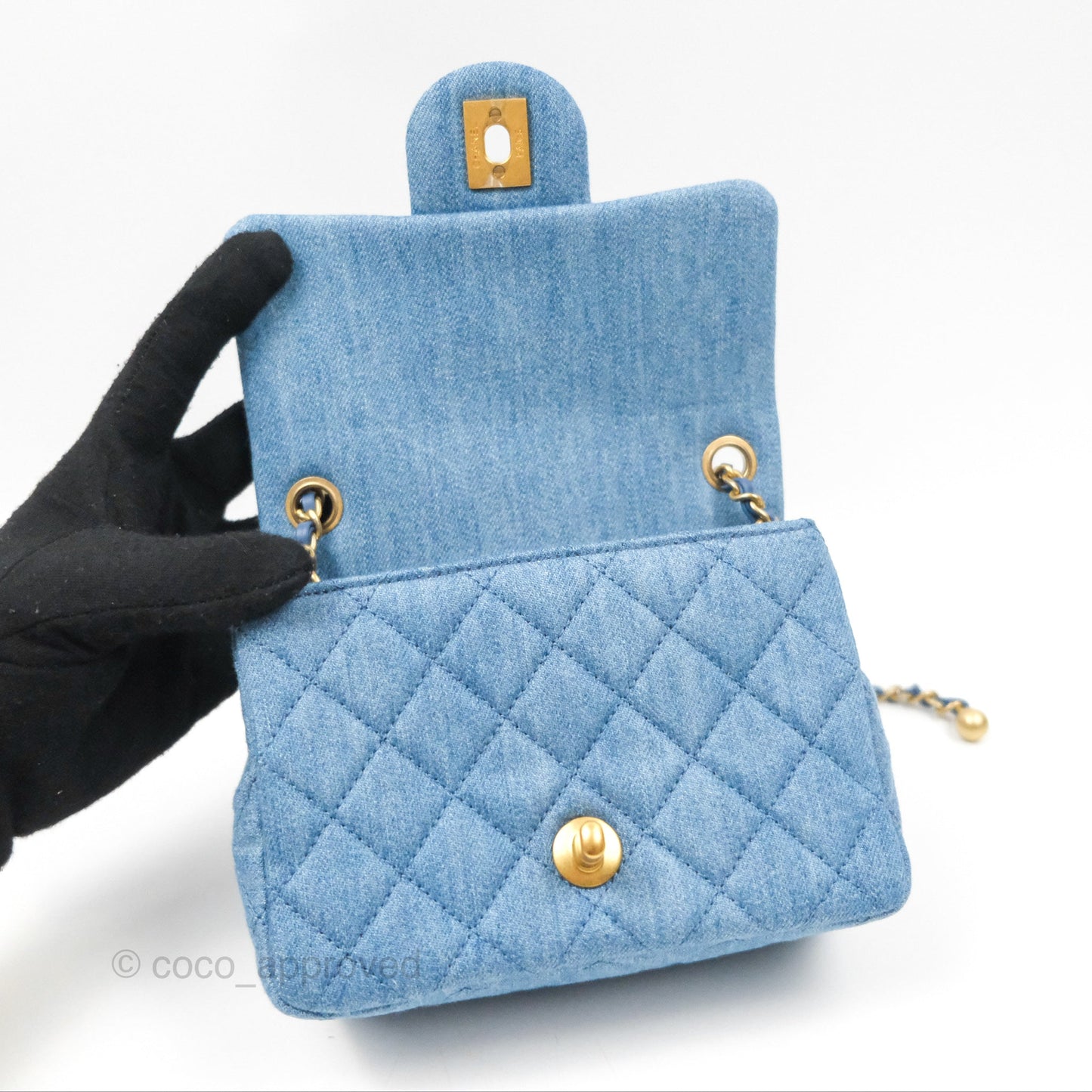 Chanel Mini Square Pearl Crush Quilted Denim Aged Gold Hardware
