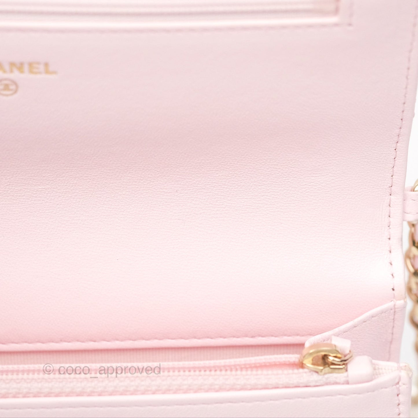 Chanel Wallet On Chain WOC Pearl Chain Iridescent Light Pink Lambskin Gold Hardware