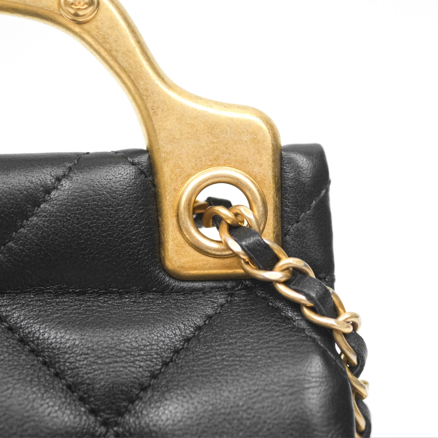 Chanel Lady Handle Flap Card Holder With Chain Black Calfskin Gold Hardware