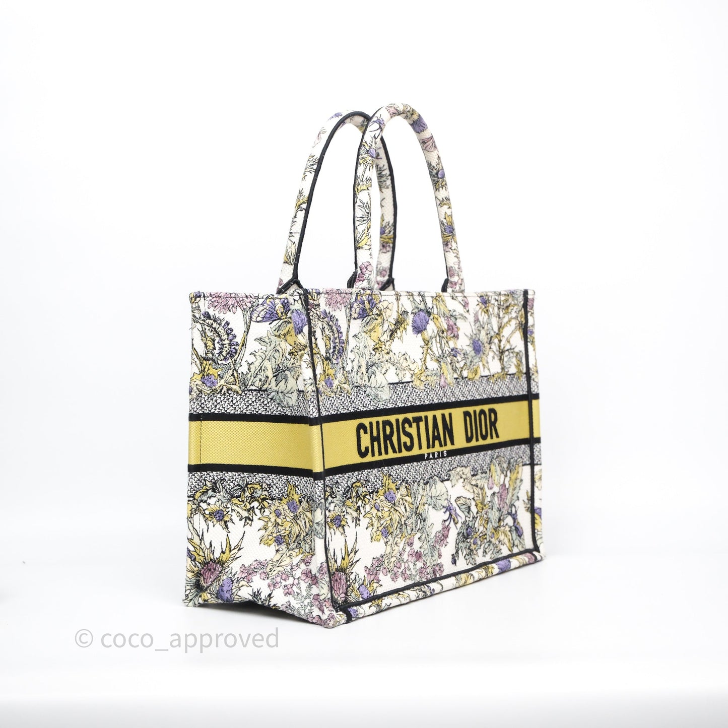 Christian Dior Medium (Old Small) Book Tote Latte Embroidery with Yellow Multicolor Dior Chardons Motif
