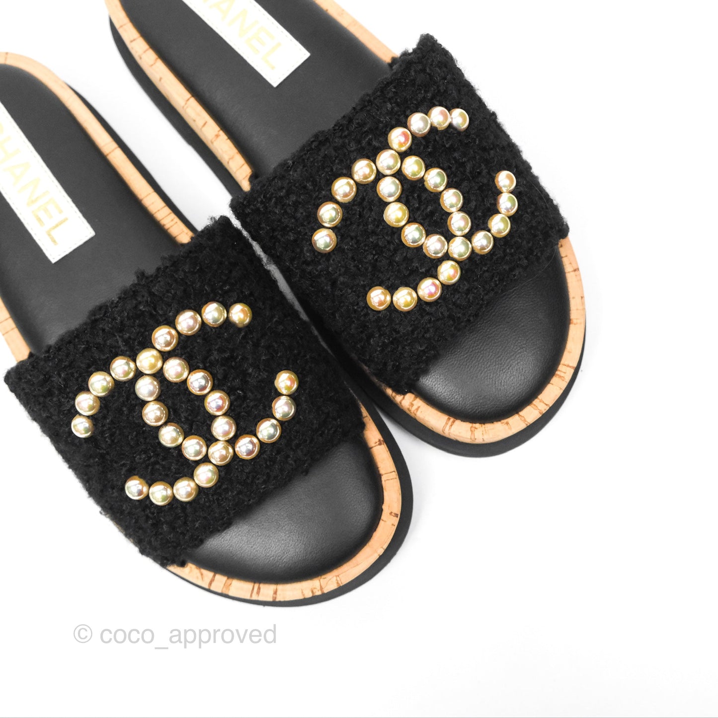 Chanel CC Mule Sandals Black Tweed Cork Size 36