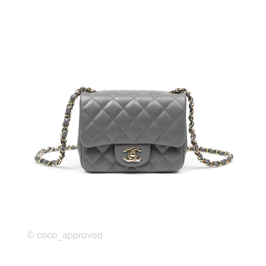 Chanel Mini Square Quilted Grey Lambskin Gold Hardware
