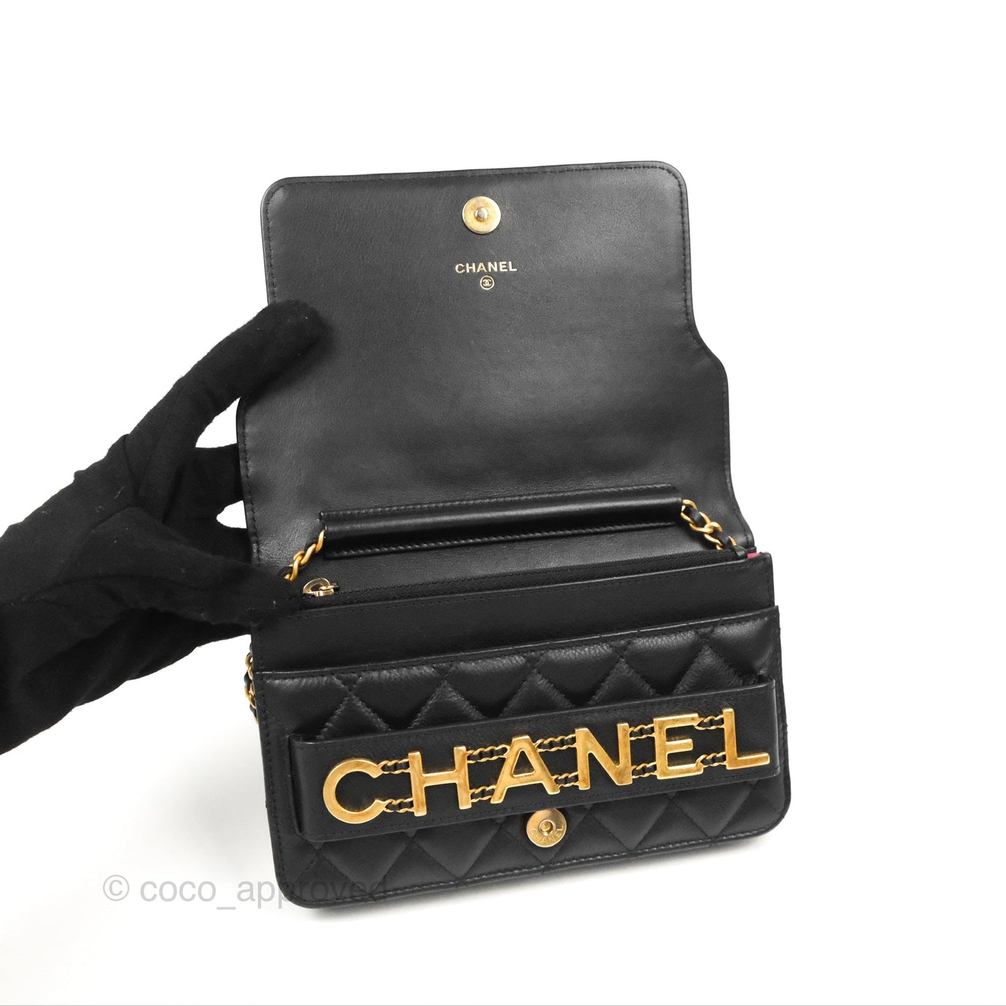 Chanel Logo Enchained Wallet On Chain WOC Black Calfskin Gold Hardware