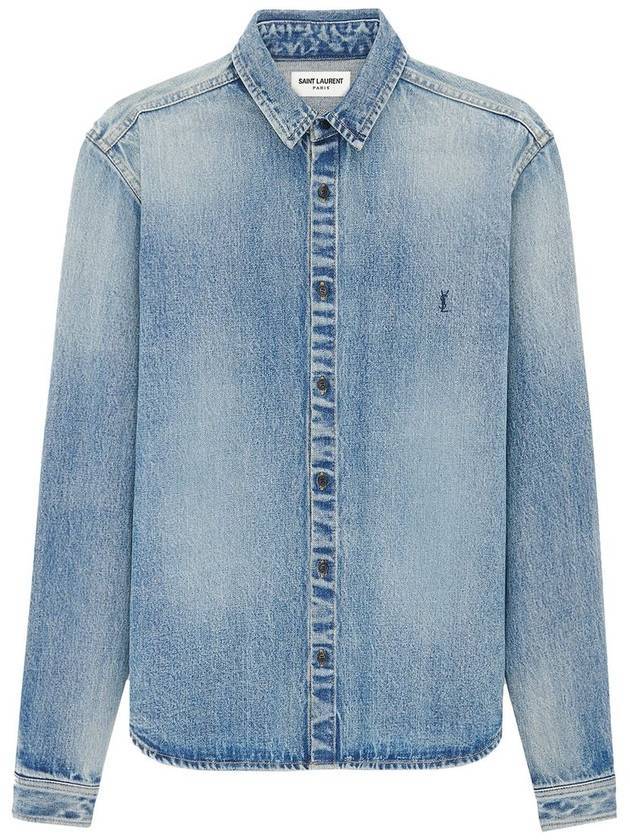 Luxury Saint Laurent Men's Cassandre Logo Denim Long Sleeve Shirt Blue