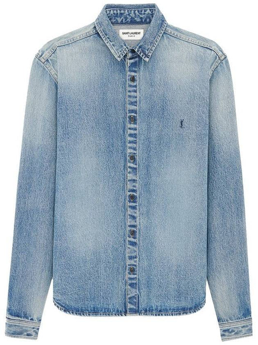 Luxury Saint Laurent Men's Cassandre Logo Denim Long Sleeve Shirt Blue