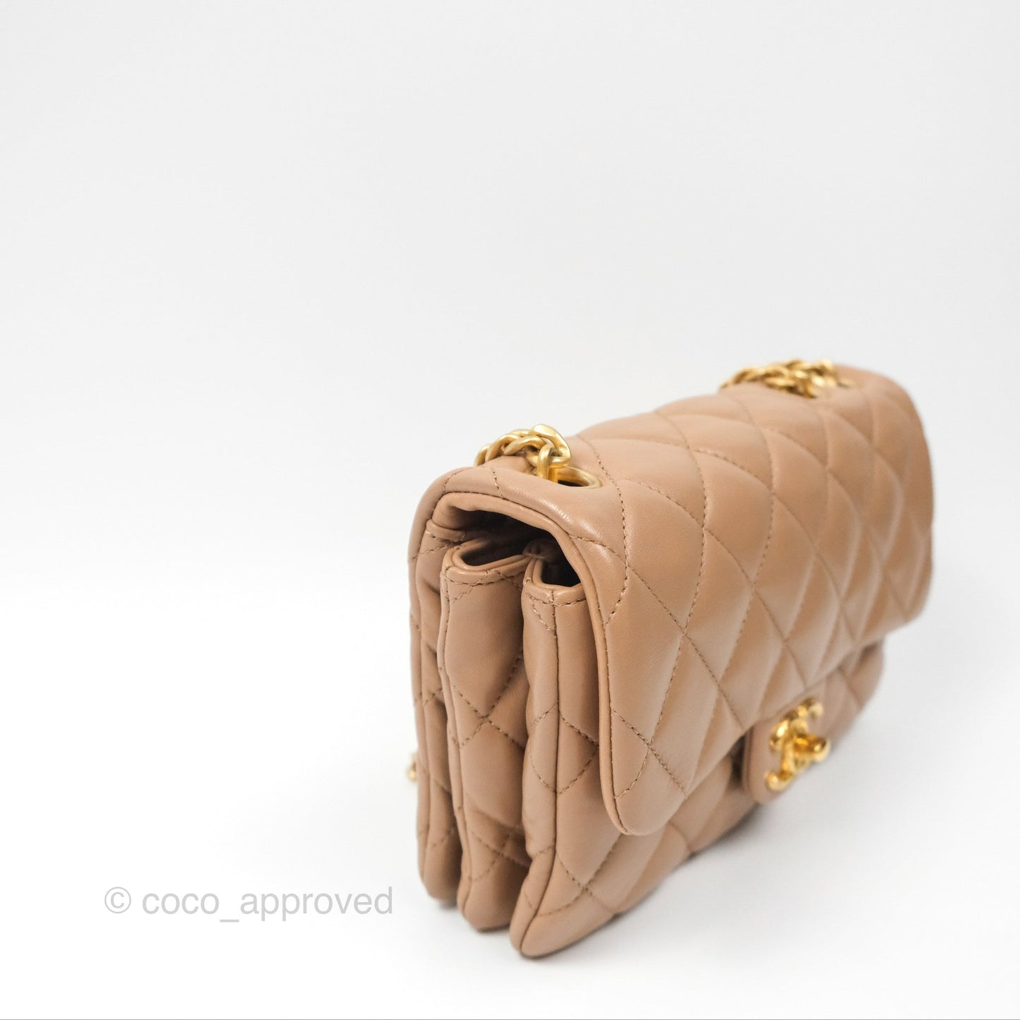 Chanel Small All Slide Adjustable Chain Flap Bag Beige Lambskin Aged Gold Hardware