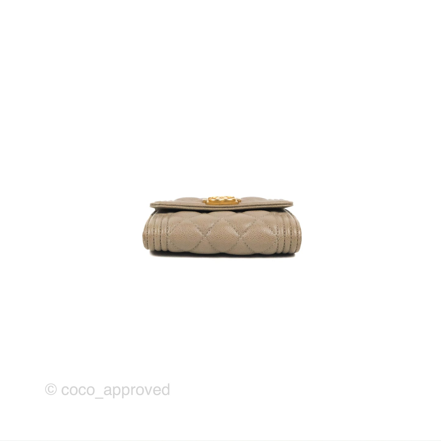 Chanel Quilted Boy Flap Card Holder Taupe Grey Caviar Aged Gold Hardware