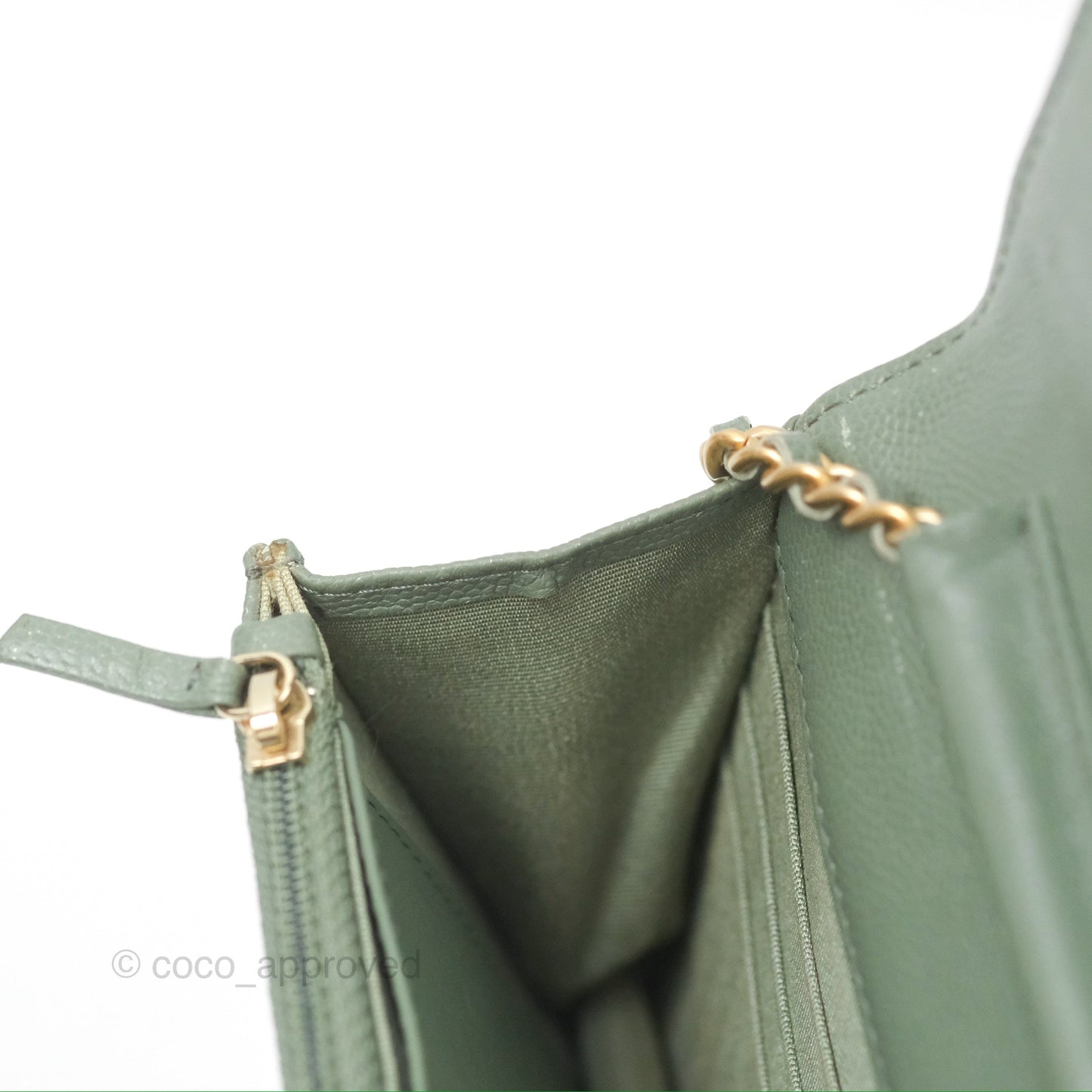 Chanel Classic Quilted Wallet On Chain WOC Glitter Dark Tiffany Green Caviar Aged Gold Hardware