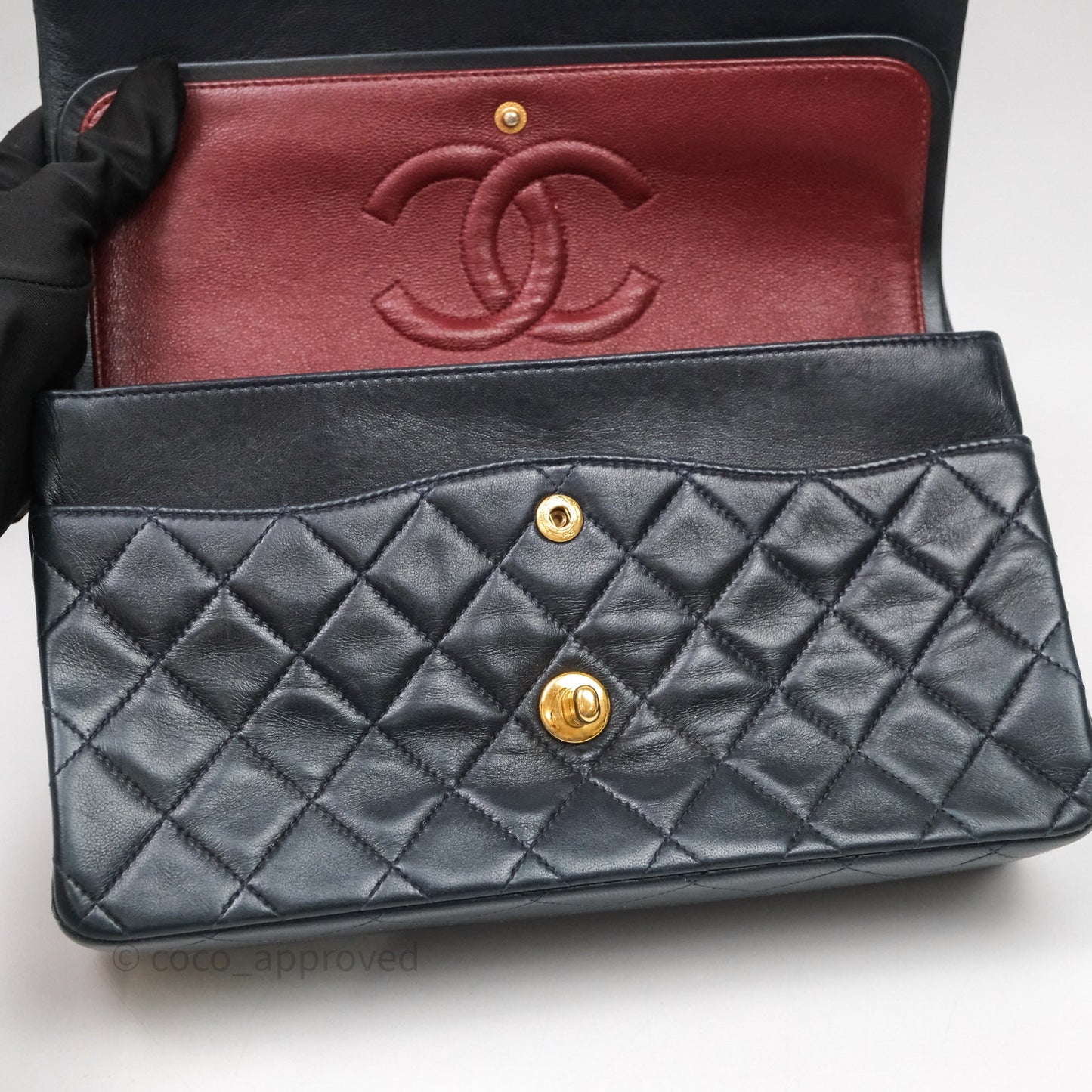 Chanel Vintage M/L Lambskin Medium Double Flap Bag Navy 24K Gold Hardware