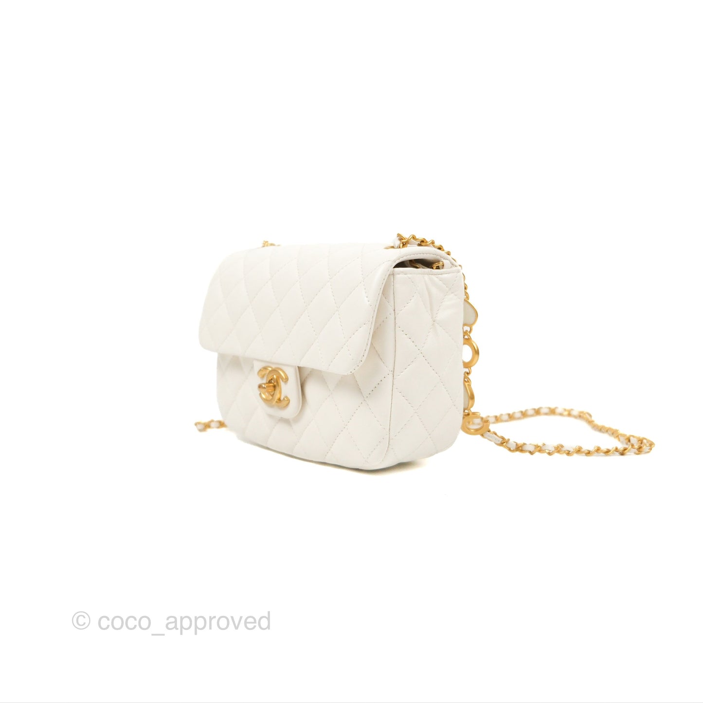 Chanel Mini Flap Bag with Coco Heart Chain White Lambskin Aged Gold Hardware