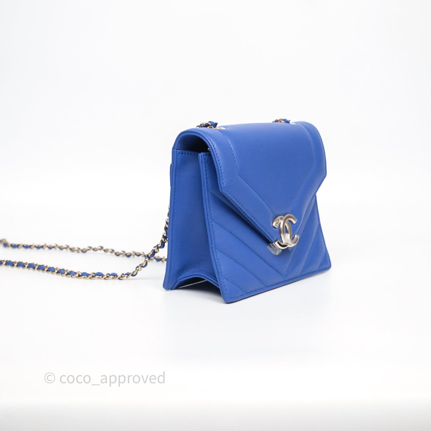 Chanel Chevron Square Envelope Flap Bag Royal Blue Calfskin Gold Hardware 19C