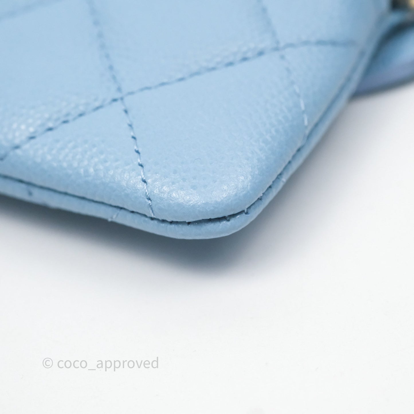 Chanel Quilted Crystal CC Zip Card Holder Wallet Light Blue Caviar Gold Hardware