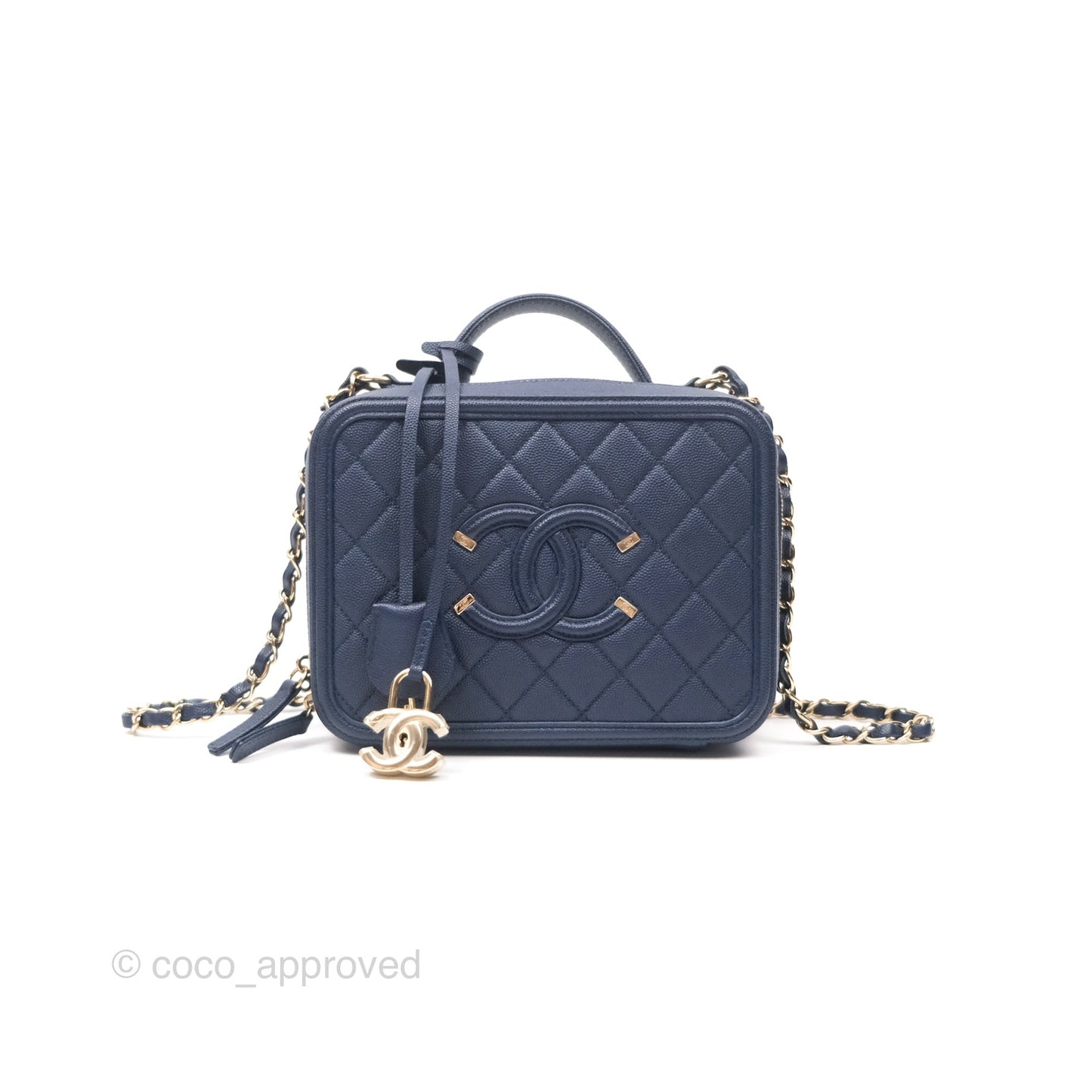 Chanel Quilted Medium CC Filigree Vanity Case Dark Navy Caviar Gold Hardware