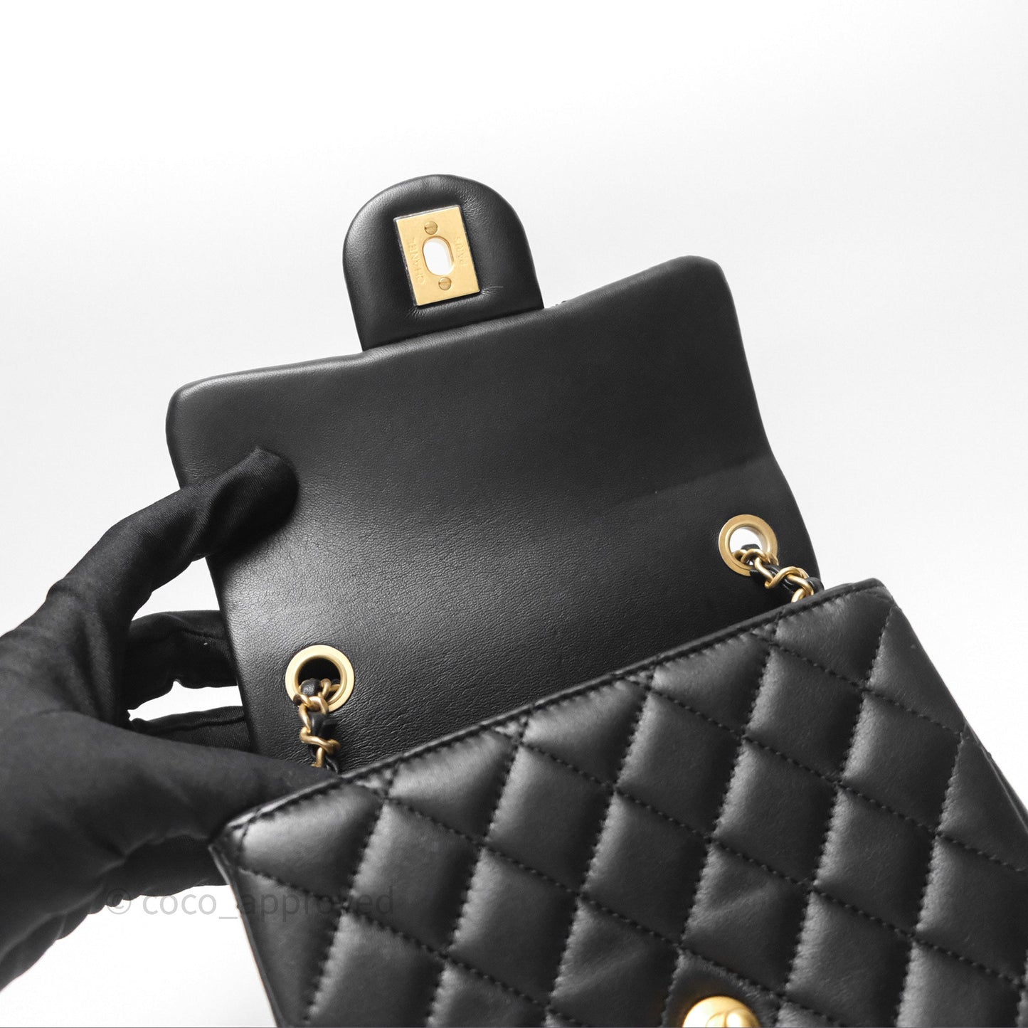 Chanel Pearl Crush Mini Square Quilted Black Lambskin Aged Gold Hardware