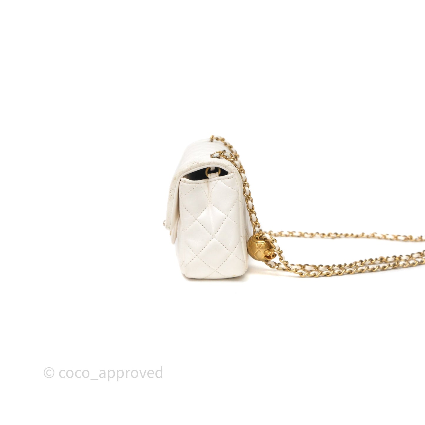 Chanel Mini Rectangular Pearl Crush Quilted White Lambskin Aged Gold Hardware