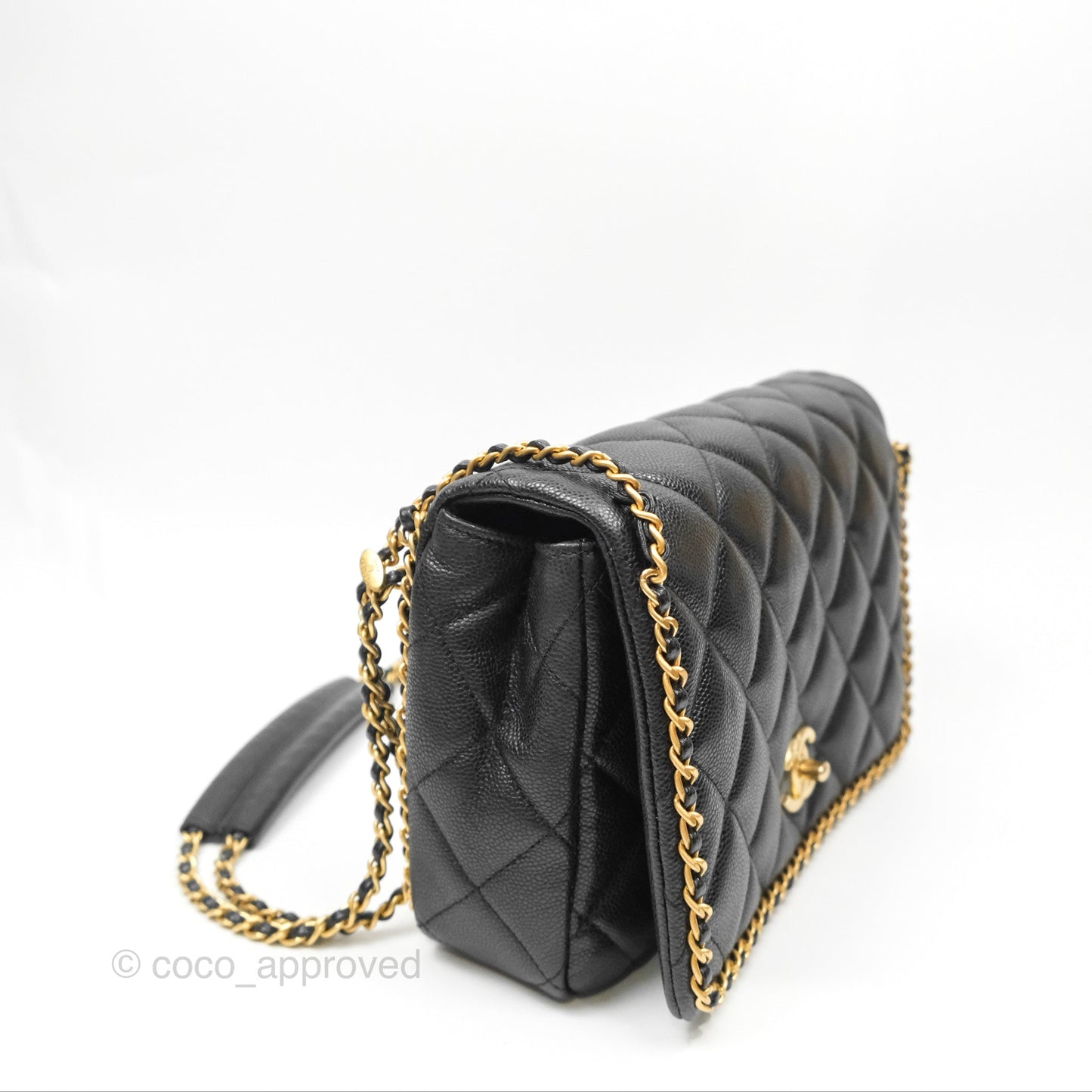 Chanel Chain Around Flap Bag Black Caviar Aged Gold Hardware 22B