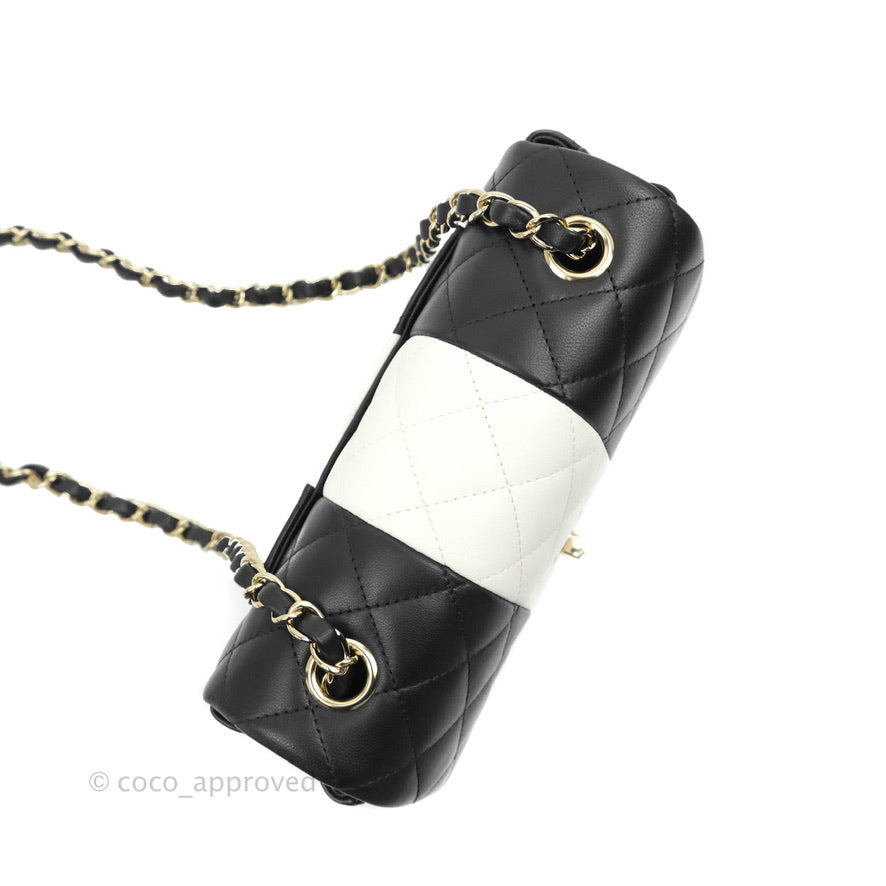 Chanel Quilted Mini Rectangular Flap Black White Lambskin Gold Hardware