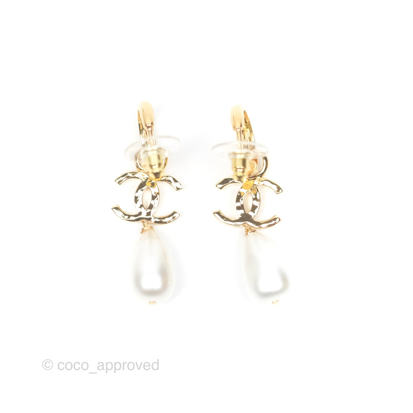 Chanel CC Pearl Drop Hoop Earrings Gold Tone 24S