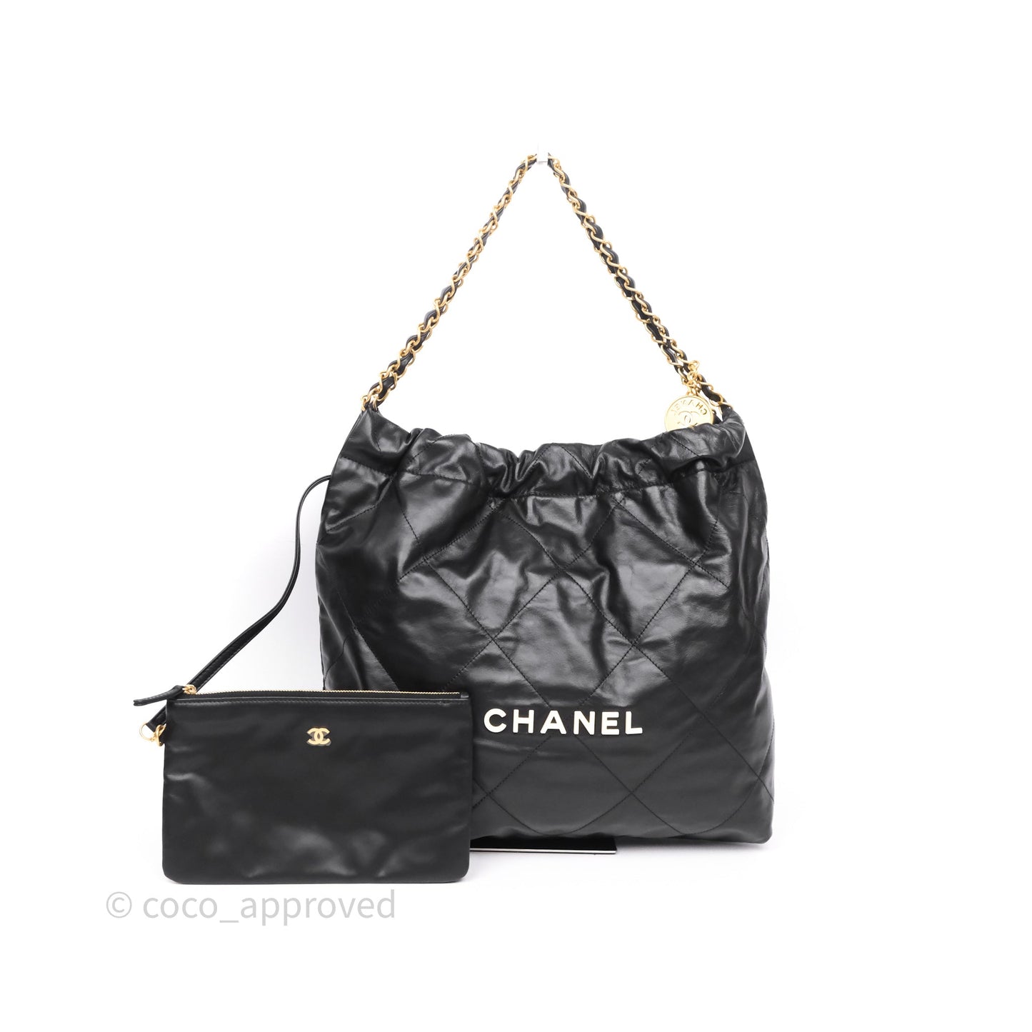 Chanel 22 Medium Black Crumpled Calfskin Aged Gold Hardware