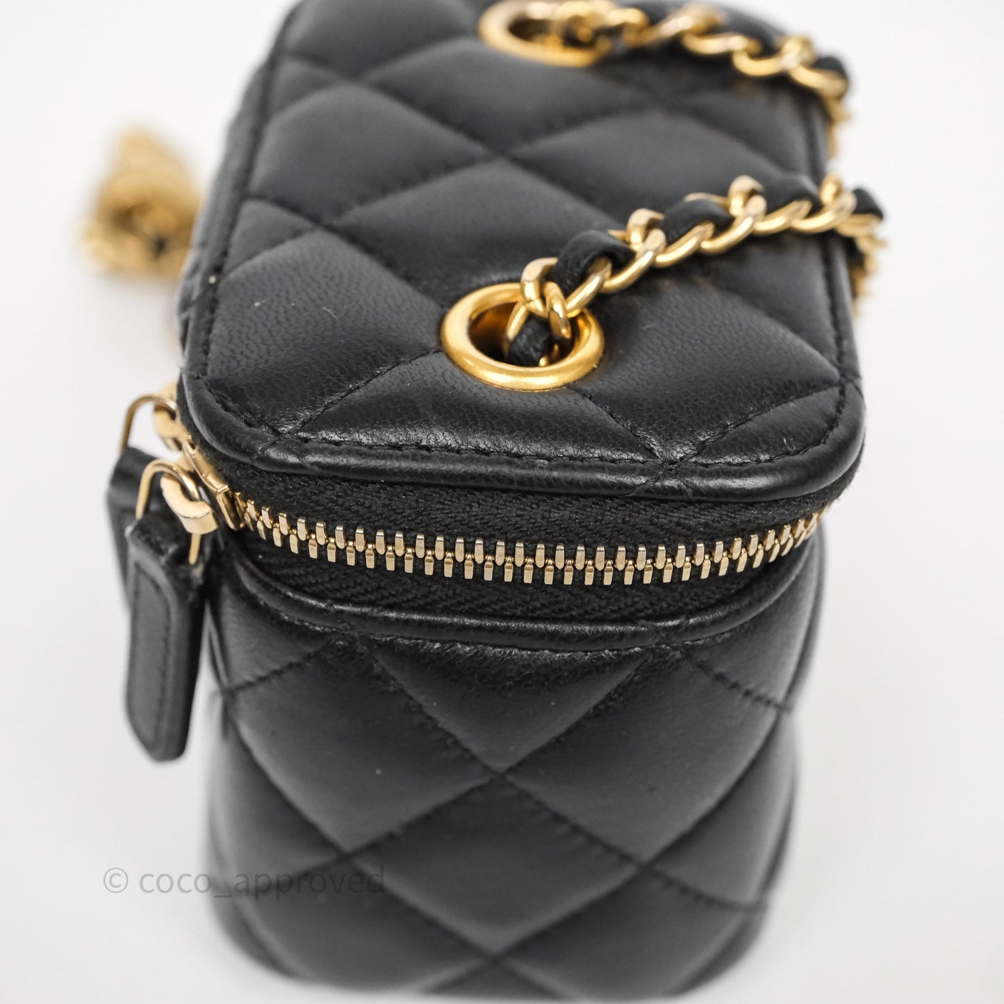 Chanel Mini Black Lambskin Vanity Pearl Crush With Chain Gold Hardware